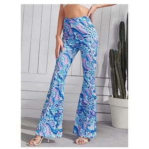 Women's Floral Print Elastic High Waisted Flare Leg Bell Bottom Long Pants
